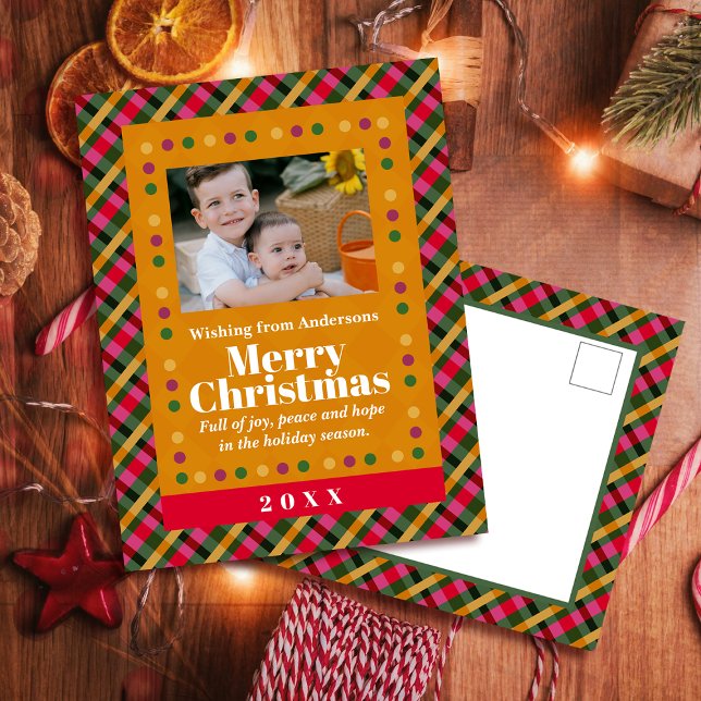 Cartão Postal De Festividades Family Christmas Plaid Photo Gold Holiday Postcard (Criador carregado)