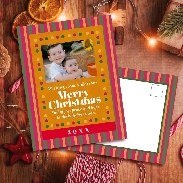 Cartão Postal De Festividades Family Christmas Stripe Photo Holiday Postcard (Criador carregado)