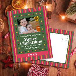 Cartão Postal De Festividades Family Christmas Stripe Photo Holiday Postcard