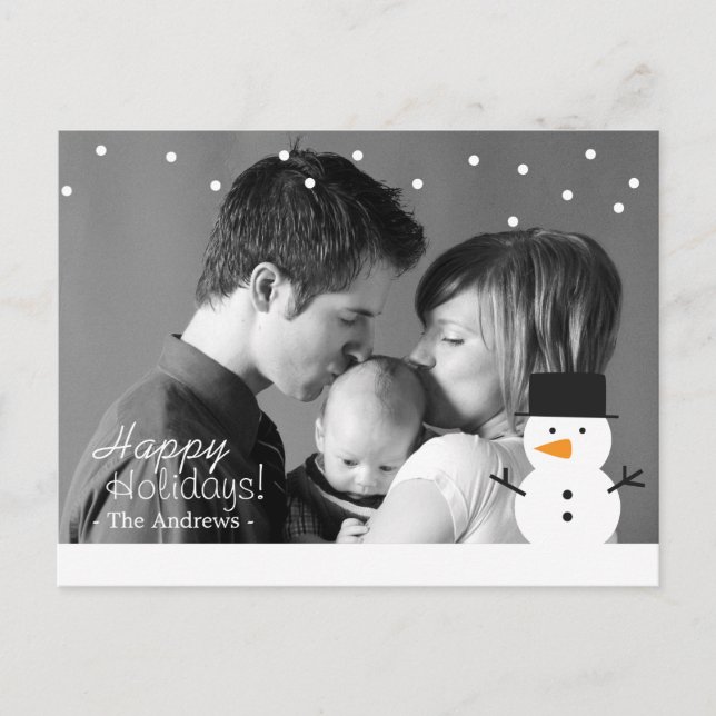 Cartão Postal De Festividades Family Holiday Greeting with Cute Snowman and Snow (Frente)