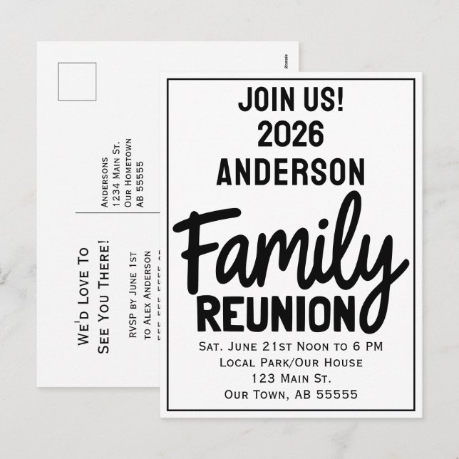 Cartão Postal De Festividades Family Reunion Join Us Bold Script Modern Postcard (Frente/Verso)