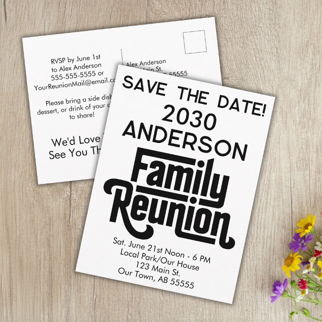 Cartão Postal De Festividades Family Reunion Modern Black White Save The Date (Criador carregado)