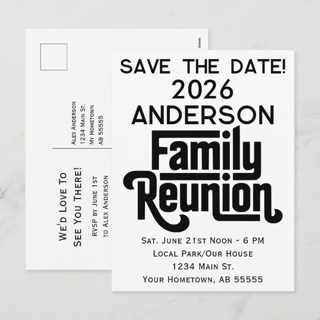 Cartão Postal De Festividades Family Reunion Modern Black White Save The Date (Frente/Verso)