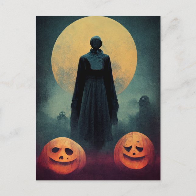 Cartão Postal De Festividades Fantasma e abóboras no Halloween (Frente)