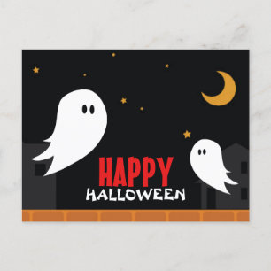 Cartão Postal De Festividades Fantasma fofo vagando na prefeitura na noite de Ha