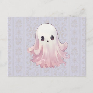 Cartão Postal De Festividades Fantasma Super Fofo Azul e Dourado de Halloween