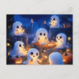 Cartão Postal De Festividades Fantasmas de Halloween Lanternas de Abóbora Noite