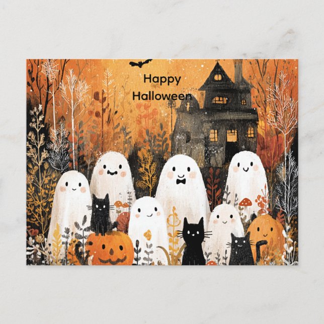 Cartão Postal De Festividades Fantasmas do Halloween, gatos pretos e morcegos, (Frente)