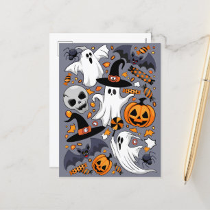 Cartão Postal De Festividades Fantasmas Spooky e Monstros Cute Assustadores