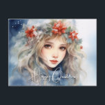 Cartão Postal De Festividades Fantasy Winter Fairy Christmas<br><div class="desc">Linda fantasia Fada de inverno com poinsettias no cabelo</div>