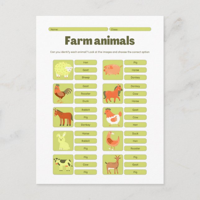 Cartão Postal De Festividades Farm Animals Identification Educational Worksheet (Frente)