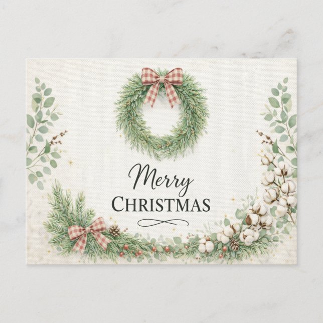 Cartão Postal De Festividades Farmhouse Cotton Wreath Merry Christmas  (Frente)