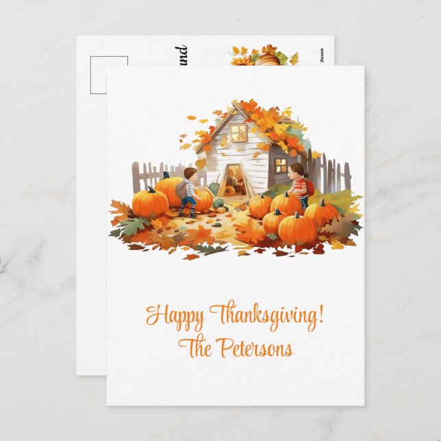 Cartão Postal De Festividades Farmhouse Pumpkins Feliz Ação de Graças (Frente/Verso)