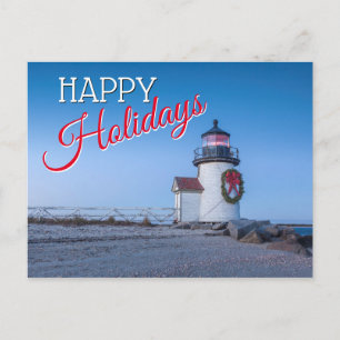 Cartão Postal De Festividades Farol com coroa de Natal