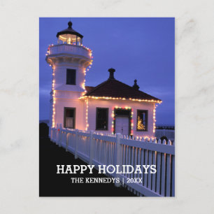 Cartão Postal De Festividades Farol com luzes de Natal
