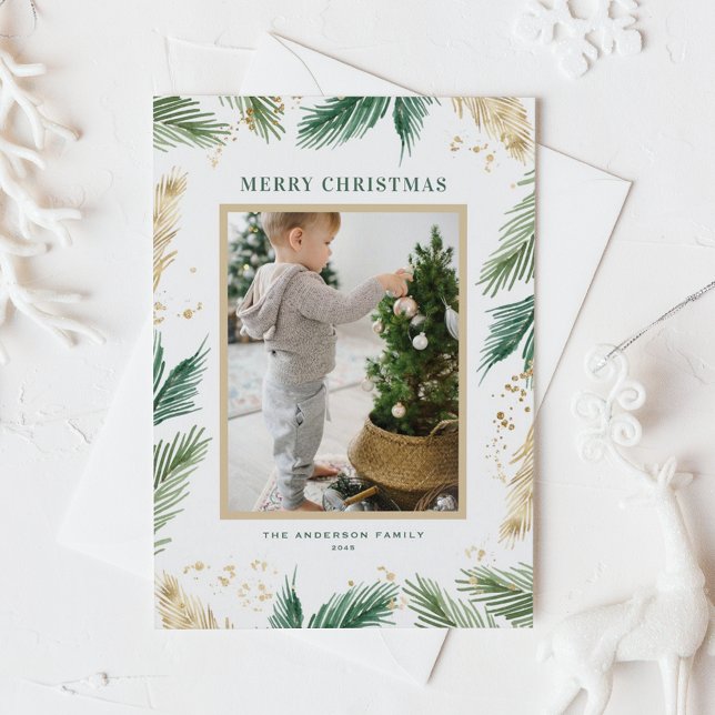 Cartão Postal De Festividades Faux Gold Foil Pine Agulha Foto Natal (Green Watercolor and Faux Gold Foil Pine Needles Photo Merry Christmas Postcard)