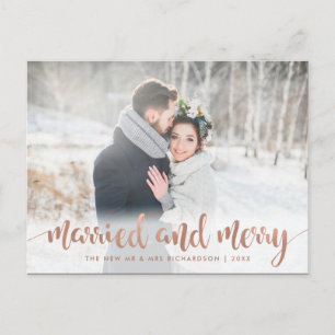 Cartão Postal De Festividades Faux Rose Gold Christmas Photo Married and Merry