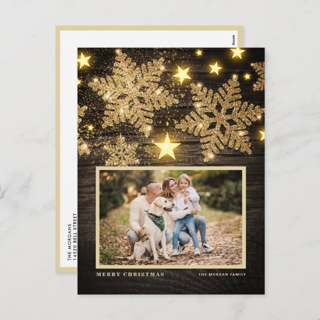 Cartão Postal De Festividades Faux Wood Dourado Glitter Snowflakes Foto Natal (Frente/Verso)