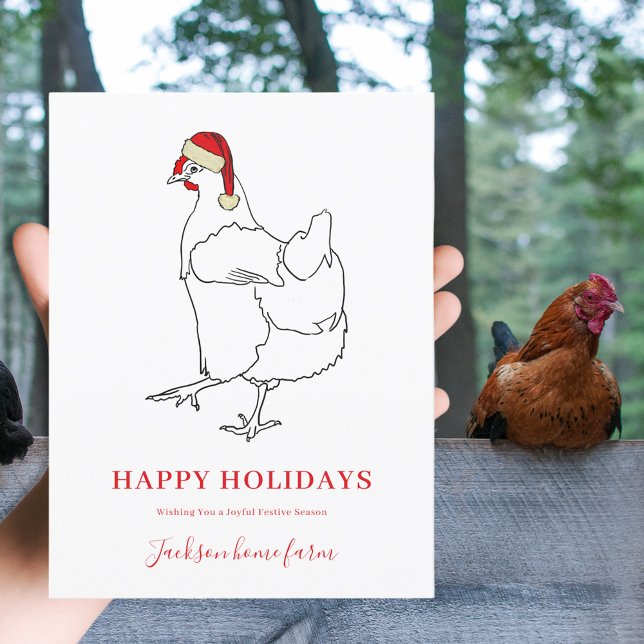 Cartão Postal De Festividades Fazenda de Natal Hen Orçamento Comercial (Christmas hen wearing Santa hat simple line art drawing custom farm business holiday greetings card)