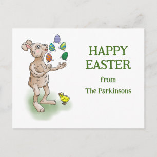 Cartão Postal De Festividades Fazendo malabarismo com o Felz pascoa Bunny
