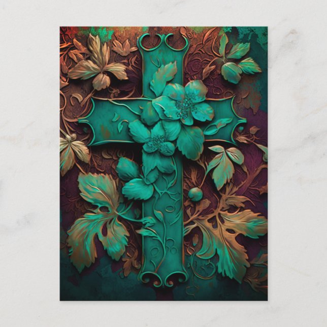 Cartão Postal De Festividades Fé Eterna - Um Eterno Verdigris Cross Holiday (Frente)