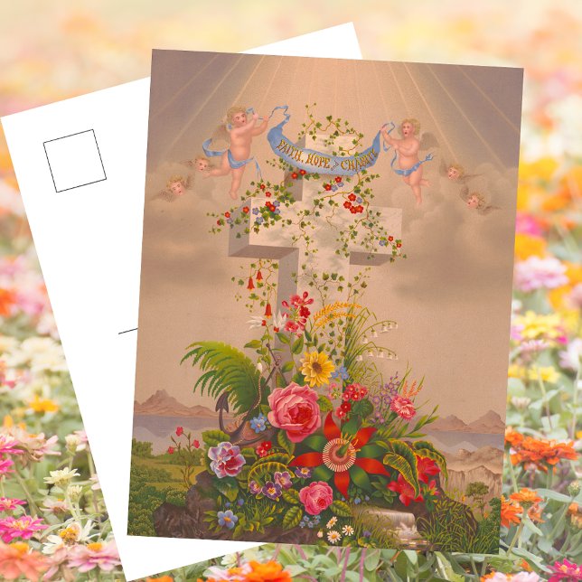 Cartão Postal De Festividades Fé Religiosa Esperança Caridade Páscoa Floral Cruz (Vintage Religious Christian Catholic Faith Hope Charity Floral Easter Cross Angel Holiday Postcard)
