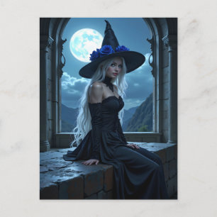 Cartão Postal De Festividades Feiticeiro Gótico, Rosa, Lua de Halloween