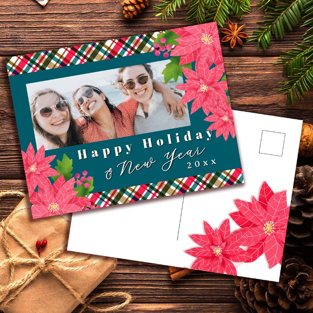 Cartão Postal De Festividades Felicidades Férias Ano Novo Foto Poinsettia Azul T (Criador carregado)