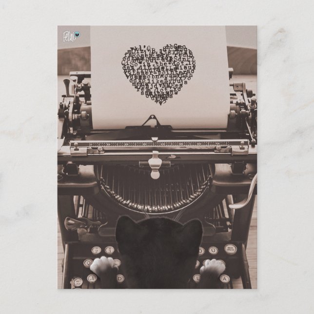Cartão Postal De Festividades Felini Gato Digitando Coração de São Valentim - (Frente)