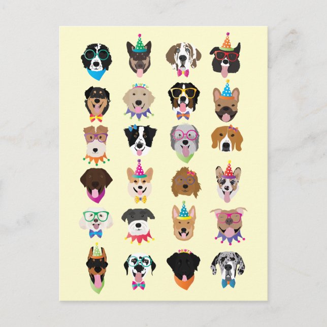 Cartão Postal De Festividades Feliz Aniversário Cachorro Enfrenta Animais Pawty (Frente)