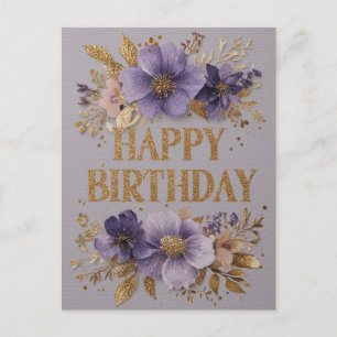 Cartão Postal De Festividades Feliz Aniversário com flores roxas e brilho