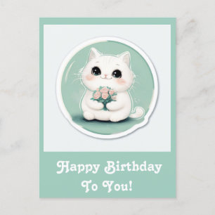 Cartão Postal De Festividades Feliz Aniversário de Gato Branco e Bonito Personal