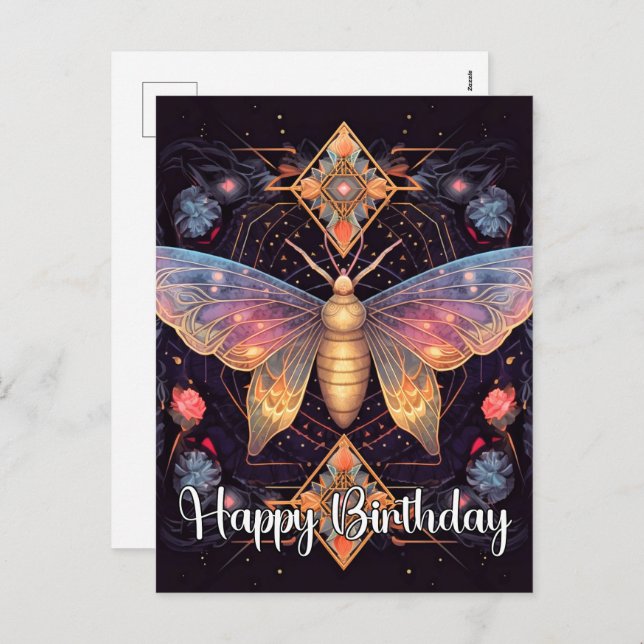 Cartão Postal De Festividades Feliz Aniversário - Design da Borboleta Vibrante (Frente/Verso)