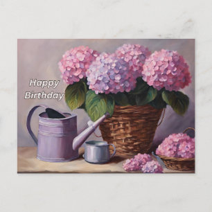 Cartão Postal De Festividades Feliz Aniversário Pink Hydrangea Flowers em uma Ce
