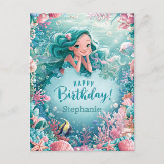 Cartão Postal De Festividades Feliz Aniversário Sereia Fofa Recife de Coral Suba