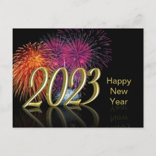 Cartão Postal De Festividades Feliz Ano Novo 2023 Dourado com Fogos de Artifício