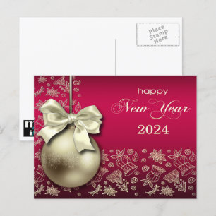 Cartão Postal De Festividades Feliz ano novo 2024. Dourado Natal Bauble