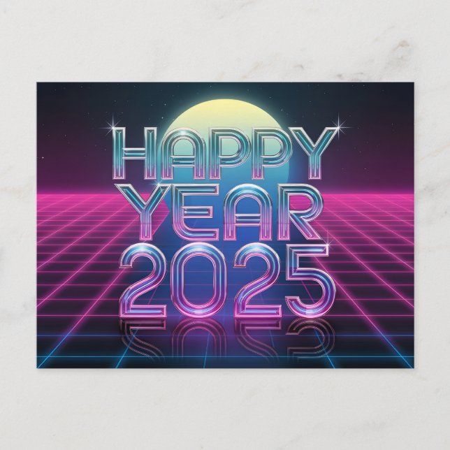 Cartão Postal De Festividades Feliz ano novo 2025 Retro-Futurístico (Frente)