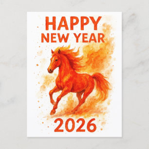 Cartão Postal De Festividades Feliz Ano Novo 2026 Cavalo de Fogo em Aquarela Car