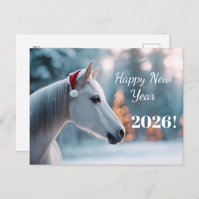 Cartão Postal De Festividades Feliz ano novo 2026: Cavalo Festivo em Santa Hat (Frente/Verso)