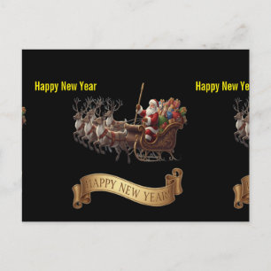 Cartão Postal De Festividades Feliz Ano Novo 2026 – Trenó do Papai Noel em Preto