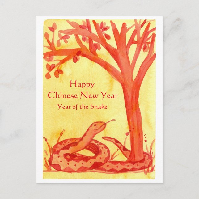 Cartão Postal De Festividades Feliz Ano Novo Chinês Da Aquarela Cobra (Frente)
