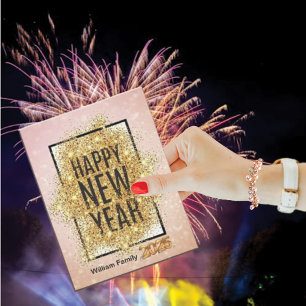 Cartão Postal De Festividades Feliz ano novo Dourado brilhante Elegante