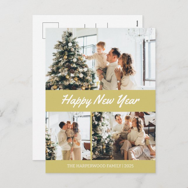 Cartão Postal De Festividades Feliz ano novo Elegante Simples Três Fotos (Frente/Verso)