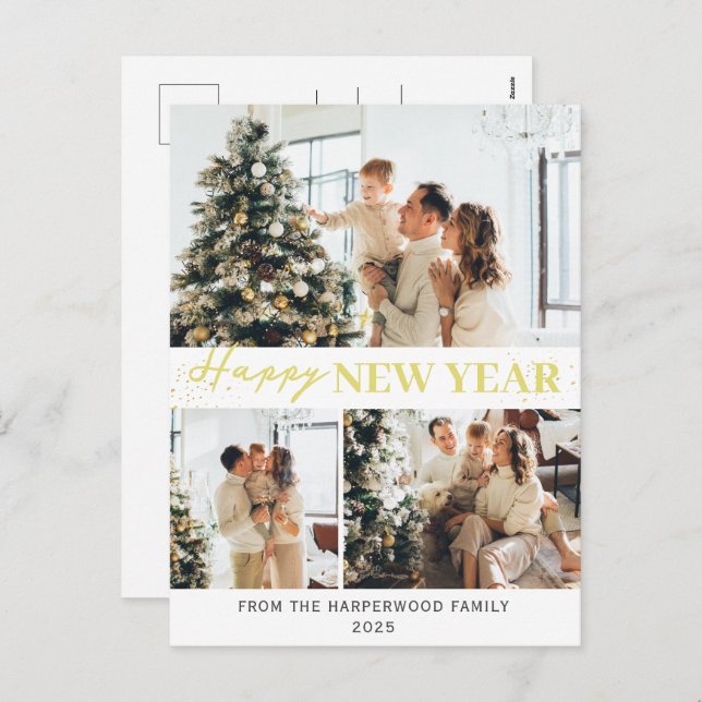 Cartão Postal De Festividades Feliz ano novo Elegante Simples Três Fotos (Frente/Verso)