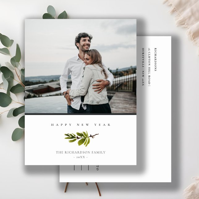 Cartão Postal De Festividades Feliz Ano Novo Foto de Natal de Galho de Pinheiro  (Criador carregado)