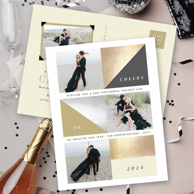 Cartão Postal De Festividades Feliz ano novo Gold Foil Blocks Na moda 3 Foto (Criador carregado)
