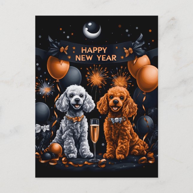 Cartão Postal De Festividades Feliz ano novo Poodles (Frente)