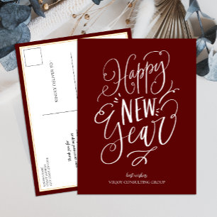 Cartão Postal De Festividades Feliz ano novo Red Script Modern Business