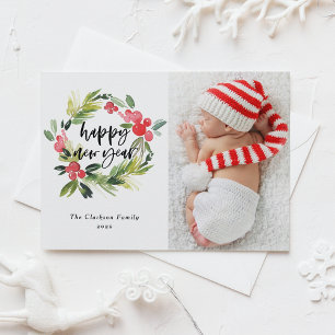 Cartão Postal De Festividades Feliz ano novo Watercolor Holly Wreath 2025